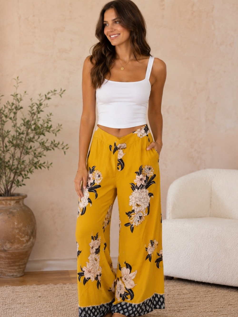 LOFT Mustard Floral Wide-Leg Pants
